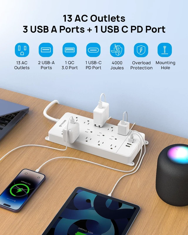 Alt view image 4 of 7 - 10ft Surge Protector Power Strip with 32W USB,ETL Listed, 4000J,White | Flat Plug Long Extension Cord, 13 Wide Spaced Outlets, 32W Quick Charge 3.0 &, Wall Mount, Under Desk, Heavy Duty