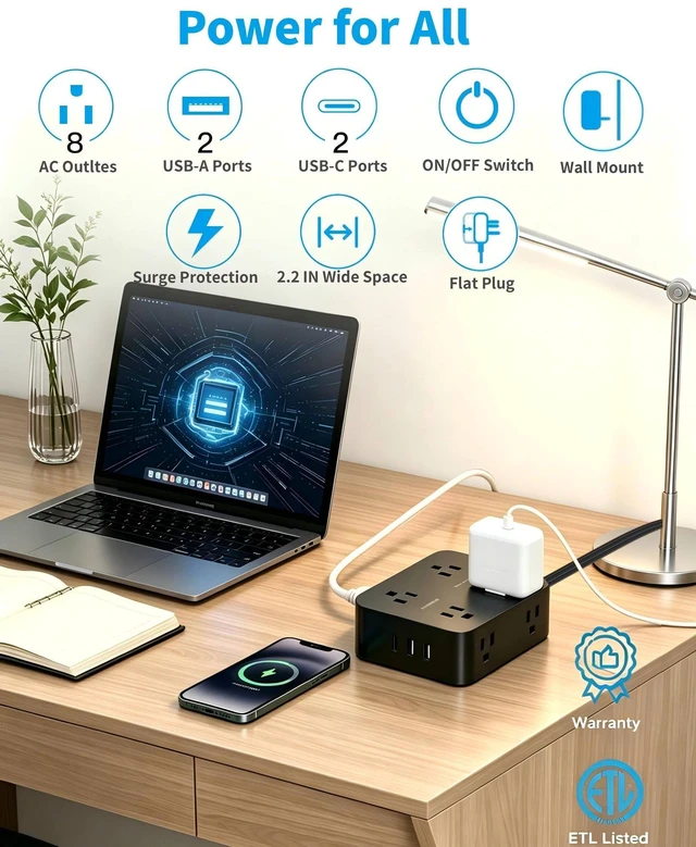 Alt view image 2 of 7 - 10 Ft Power Strip Flat Plug, Extension Cord Surge Protector, Flat Wall Plug | 8 Outlets and 4 USB Ports (2 USB C), Ultra Thin, 1080J Surge Protection, Mountable Charging Station for Dorm, Office