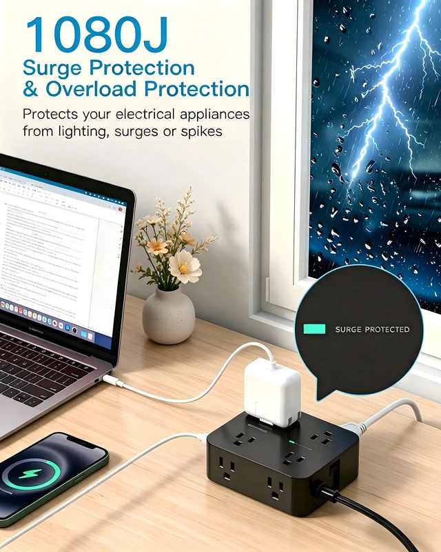 Alt view image 4 of 7 - 10 Ft Power Strip Flat Plug, Extension Cord Surge Protector, Flat Wall Plug | 8 Outlets and 4 USB Ports (2 USB C), Ultra Thin, 1080J Surge Protection, Mountable Charging Station for Dorm, Office