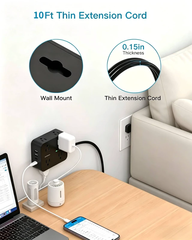 Alt view image 7 of 7 - 10 Ft Power Strip Flat Plug, Extension Cord Surge Protector, Flat Wall Plug | 8 Outlets and 4 USB Ports (2 USB C), Ultra Thin, 1080J Surge Protection, Mountable Charging Station for Dorm, Office
