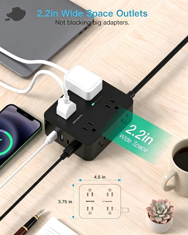 Alt view image 6 of 7 - 10 Ft Power Strip Flat Plug, Extension Cord Surge Protector, Flat Wall Plug | 8 Outlets and 4 USB Ports (2 USB C), Ultra Thin, 1080J Surge Protection, Mountable Charging Station for Dorm, Office