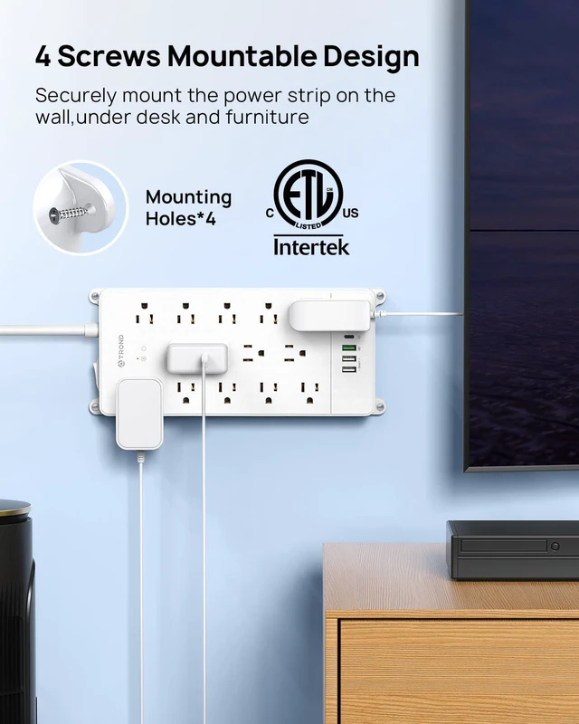 Alt view image 5 of 7 - 10ft Surge Protector Power Strip with 32W USB,ETL Listed, 4000J,White | Flat Plug Long Extension Cord, 13 Wide Spaced Outlets, 32W Quick Charge 3.0 &, Wall Mount, Under Desk, Heavy Duty