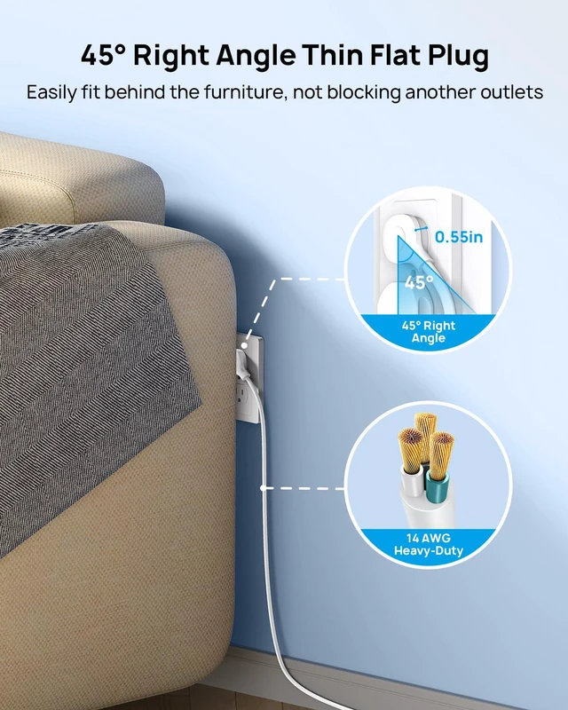 Alt view image 6 of 7 - 10ft Surge Protector Power Strip with 32W USB,ETL Listed, 4000J,White | Flat Plug Long Extension Cord, 13 Wide Spaced Outlets, 32W Quick Charge 3.0 &, Wall Mount, Under Desk, Heavy Duty