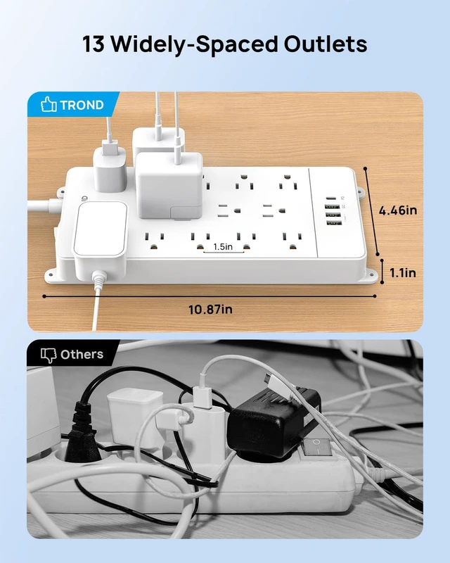 Alt view image 7 of 7 - 10ft Surge Protector Power Strip with 32W USB,ETL Listed, 4000J,White | Flat Plug Long Extension Cord, 13 Wide Spaced Outlets, 32W Quick Charge 3.0 &, Wall Mount, Under Desk, Heavy Duty