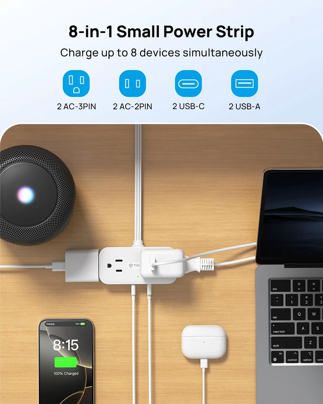 Alt view image 2 of 7 - Flat Plug Power Strip, Small Extension Cord 10ft, 4 AC & 4 USB, White | Flat Extension Cord with Multiple Outlets, 1250W, Wall Mount 900J Surge Protector for Home Office Travel Dorm Room Essentials
