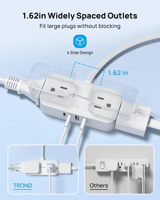 Alt view image 5 of 7 - Flat Plug Power Strip, Small Extension Cord 10ft, 4 AC & 4 USB, White | Flat Extension Cord with Multiple Outlets, 1250W, Wall Mount 900J Surge Protector for Home Office Travel Dorm Room Essentials