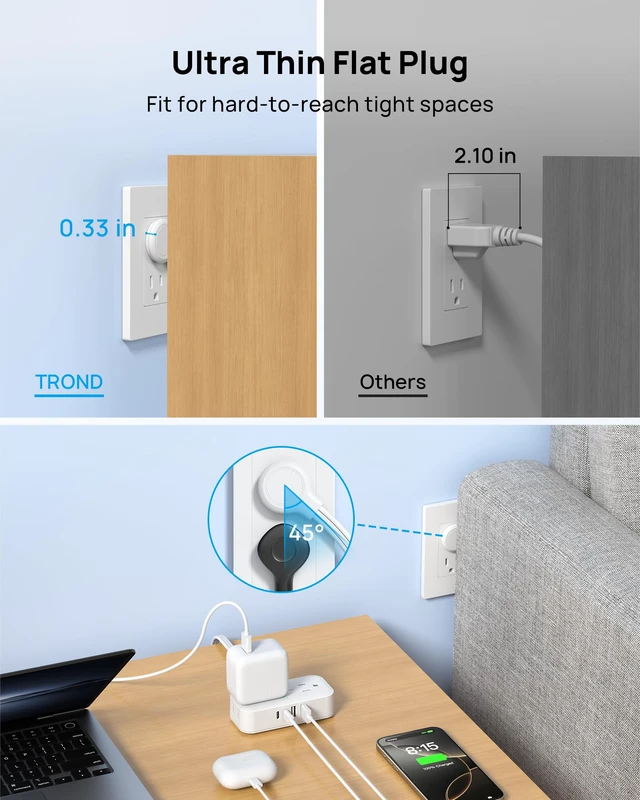 Alt view image 6 of 7 - Flat Plug Power Strip, Small Extension Cord 10ft, 4 AC & 4 USB, White | Flat Extension Cord with Multiple Outlets, 1250W, Wall Mount 900J Surge Protector for Home Office Travel Dorm Room Essentials