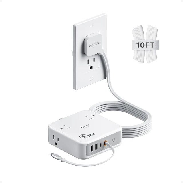 Main image of Surge Protector Extension Cord 10Ft, Flat Plug Power Strip | 4 Outlets 4 USB Ports(1 USB C) 20W USB C Cable, USB Charger 1050 Joules Protection, Suitable for Home Office Dorm, Grey