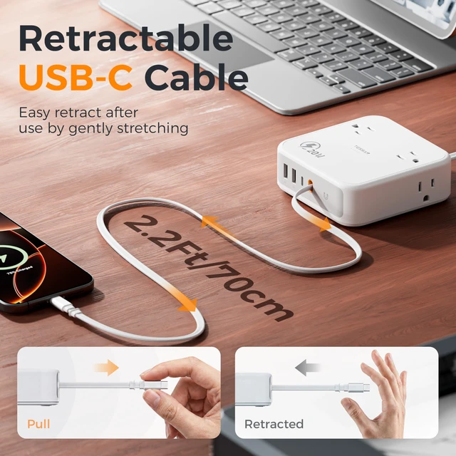 Alt view image 3 of 7 - Surge Protector Extension Cord 10Ft, Flat Plug Power Strip | 4 Outlets 4 USB Ports(1 USB C) 20W USB C Cable, USB Charger 1050 Joules Protection, Suitable for Home Office Dorm, Grey