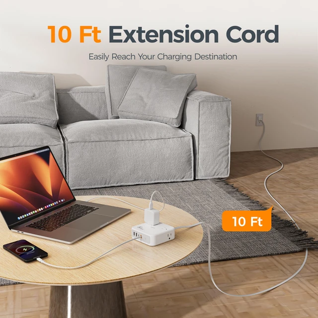 Alt view image 7 of 7 - Surge Protector Extension Cord 10Ft, Flat Plug Power Strip | 4 Outlets 4 USB Ports(1 USB C) 20W USB C Cable, USB Charger 1050 Joules Protection, Suitable for Home Office Dorm, Grey