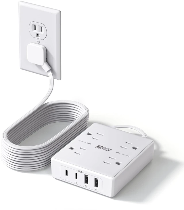 Main image of 10 Ft Long Extension Cord Flat Plug Power Strip Surge Protector | 4 Outlets & 4 USB (2 USB-C) Charging Station for Home Office, College Dorm Room Essentials, Travel, White