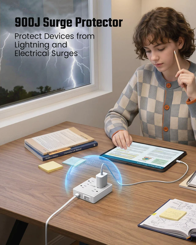 Alt view image 4 of 7 - 10 Ft Long Extension Cord Flat Plug Power Strip Surge Protector | 4 Outlets & 4 USB (2 USB-C) Charging Station for Home Office, College Dorm Room Essentials, Travel, White