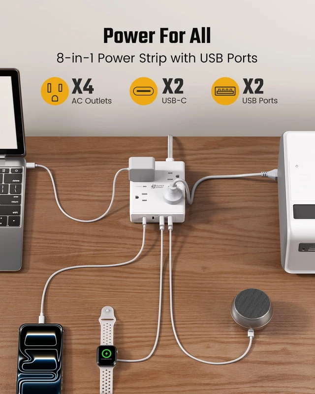 Alt view image 2 of 7 - 10 Ft Long Extension Cord Flat Plug Power Strip Surge Protector | 4 Outlets & 4 USB (2 USB-C) Charging Station for Home Office, College Dorm Room Essentials, Travel, White