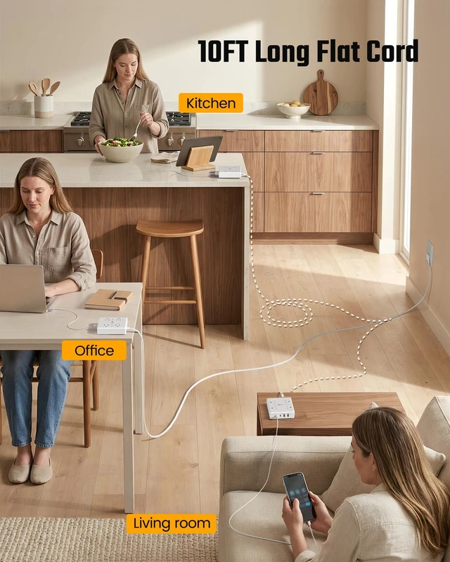 Alt view image 3 of 7 - 10 Ft Long Extension Cord Flat Plug Power Strip Surge Protector | 4 Outlets & 4 USB (2 USB-C) Charging Station for Home Office, College Dorm Room Essentials, Travel, White