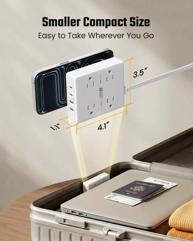 Alt view image 6 of 7 - 10 Ft Long Extension Cord Flat Plug Power Strip Surge Protector | 4 Outlets & 4 USB (2 USB-C) Charging Station for Home Office, College Dorm Room Essentials, Travel, White