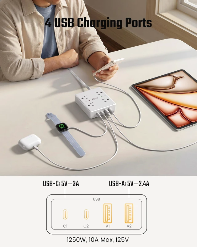 Alt view image 7 of 7 - 10 Ft Long Extension Cord Flat Plug Power Strip Surge Protector | 4 Outlets & 4 USB (2 USB-C) Charging Station for Home Office, College Dorm Room Essentials, Travel, White