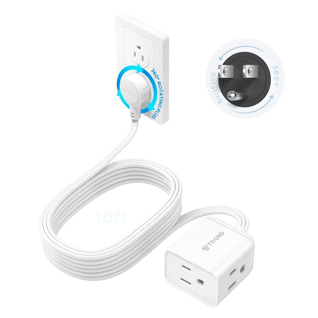 Main image of Rotating Flat Plug Extension Cord Surge Protector 10ft, 3 AC, White | Low Profile 3 Sided Power Cube, 900J, 13A, ETL Listed, Small for Indoor Home Office Kitchen Behind TV Furniture Tight Space