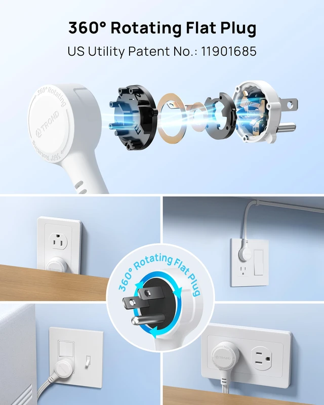 Alt view image 2 of 7 - Rotating Flat Plug Extension Cord Surge Protector 10ft, 3 AC, White | Low Profile 3 Sided Power Cube, 900J, 13A, ETL Listed, Small for Indoor Home Office Kitchen Behind TV Furniture Tight Space