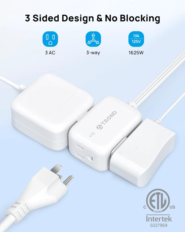 Alt view image 3 of 7 - Rotating Flat Plug Extension Cord Surge Protector 10ft, 3 AC, White | Low Profile 3 Sided Power Cube, 900J, 13A, ETL Listed, Small for Indoor Home Office Kitchen Behind TV Furniture Tight Space