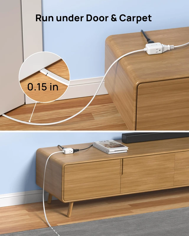 Alt view image 7 of 7 - Rotating Flat Plug Extension Cord Surge Protector 10ft, 3 AC, White | Low Profile 3 Sided Power Cube, 900J, 13A, ETL Listed, Small for Indoor Home Office Kitchen Behind TV Furniture Tight Space