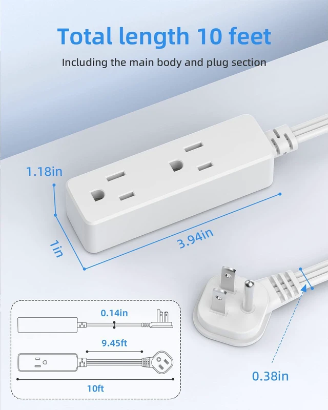 Alt view image 5 of 7 - Flat Plug Extension Cord with 3 Outlets - 10 ft White Low Profile Indoor 3 Prong Grounded Power Strip for Home Office & Travel - 16/3 AWG, 13A/1625W