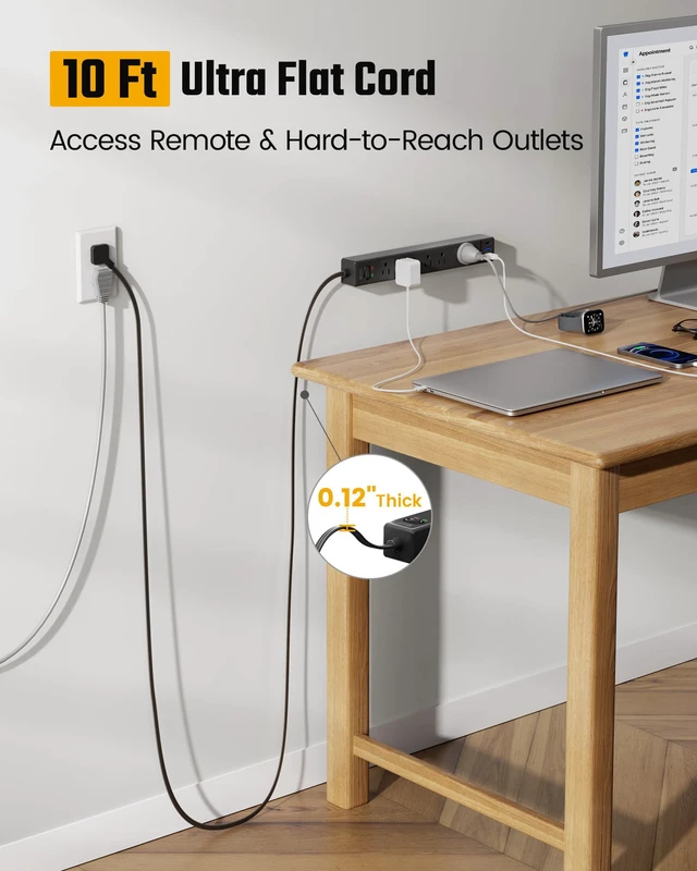 Alt view image 2 of 7 - 10Ft Long Extension Cord, Flat Plug Surge Protector Power Strip | Black Power Strip with 6 Outlets & 3 USB, Desk Charging Station for Home, Office, College Dorm Room Essentials