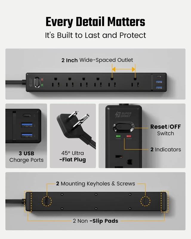 Alt view image 7 of 7 - 10Ft Long Extension Cord, Flat Plug Surge Protector Power Strip | Black Power Strip with 6 Outlets & 3 USB, Desk Charging Station for Home, Office, College Dorm Room Essentials