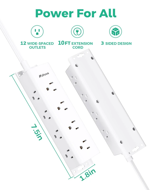 Alt view image 7 of 7 - Surge Protector Power Strip, 12 Widely Spaced Multi Outlets on 3 Sides | 10FT Extension Cord with Multiple Outlets, Flat Plug, Wall Mount, Overload Protection, White