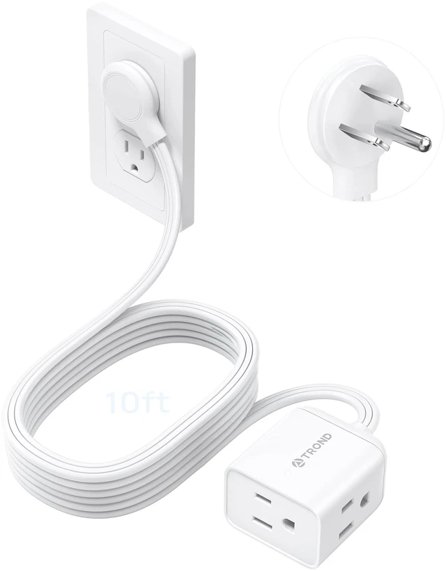 Main image of Rightward Flat Plug Extension Cord 10ft for Small Tight Spaces, White | Low Profile 3 Side Power Cube Fit Large Plug, 16 AWG, 13 A for Indoor Travel Home Office Kitchen Behind Furniture, ETL Listed
