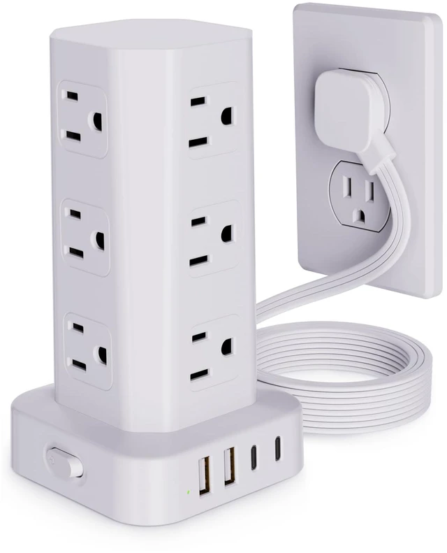 Main image of Power Strip Tower Surge Protector, 10FT Flat Plug Extension Cord with Multiple Outlets, 12 AC Outlets 4 USB (2 USB C), Desktop Charging Station with Surge Protection for Home Office Dorm Room, White