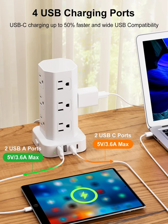 Alt view image 4 of 7 - Power Strip Tower Surge Protector, 10FT Flat Plug Extension Cord with Multiple Outlets, 12 AC Outlets 4 USB (2 USB C), Desktop Charging Station with Surge Protection for Home Office Dorm Room, White