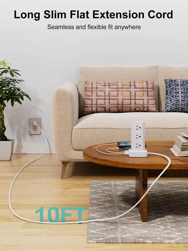 Alt view image 5 of 7 - Power Strip Tower Surge Protector, 10FT Flat Plug Extension Cord with Multiple Outlets, 12 AC Outlets 4 USB (2 USB C), Desktop Charging Station with Surge Protection for Home Office Dorm Room, White