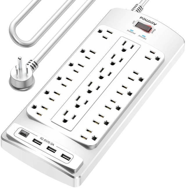 Main image of 18 Outlets Surge Protector Power Strip - 10 Feet Flat Plug Heavy Duty Extension Cord with 18 Widely Outlets and 4 USB Ports, 2100 Joules, White, ETL Listed