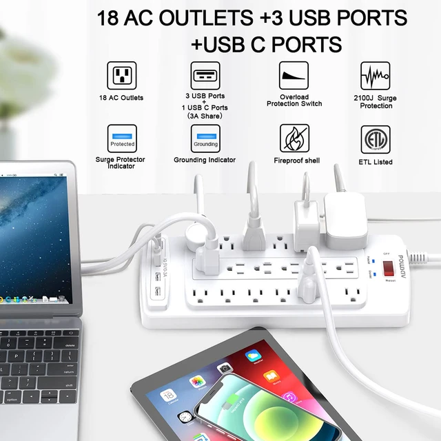 Alt view image 2 of 7 - 18 Outlets Surge Protector Power Strip - 10 Feet Flat Plug Heavy Duty Extension Cord with 18 Widely Outlets and 4 USB Ports, 2100 Joules, White, ETL Listed