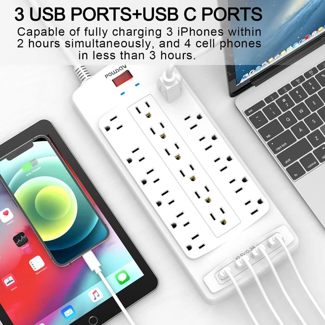 Alt view image 3 of 7 - 18 Outlets Surge Protector Power Strip - 10 Feet Flat Plug Heavy Duty Extension Cord with 18 Widely Outlets and 4 USB Ports, 2100 Joules, White, ETL Listed
