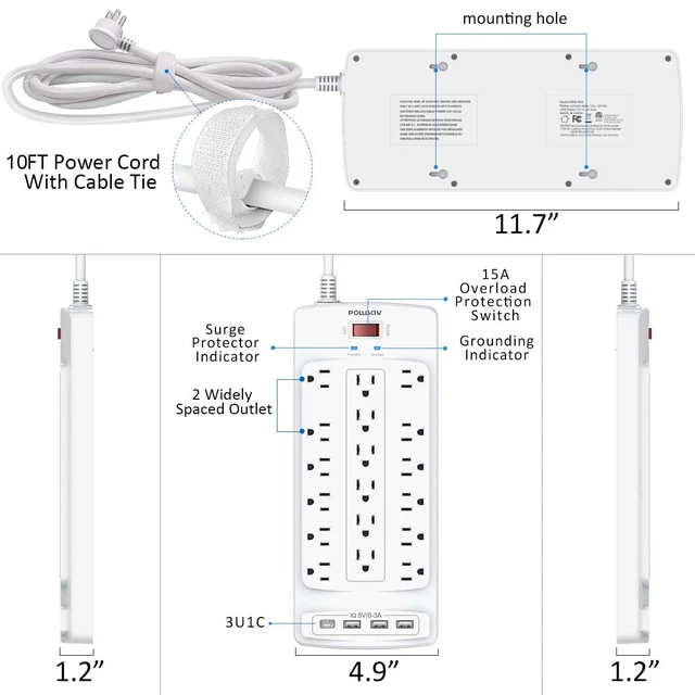 Alt view image 7 of 7 - 18 Outlets Surge Protector Power Strip - 10 Feet Flat Plug Heavy Duty Extension Cord with 18 Widely Outlets and 4 USB Ports, 2100 Joules, White, ETL Listed