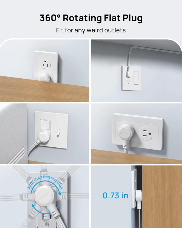 Alt view image 2 of 7 - 360° Rotating Flat Plug Power Strip 10ft with USB PD 20W, 9 AC, White | Flat Extension Cord Surge Protector 1300J, 1625W, Wall Mountable, for Home Office Travel Dorm Room Essentials