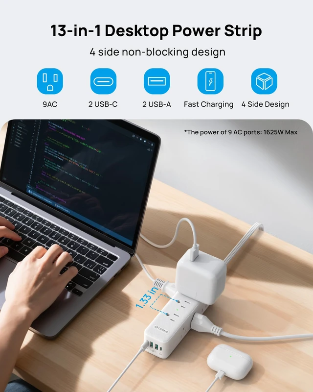Alt view image 4 of 7 - 360° Rotating Flat Plug Power Strip 10ft with USB PD 20W, 9 AC, White | Flat Extension Cord Surge Protector 1300J, 1625W, Wall Mountable, for Home Office Travel Dorm Room Essentials
