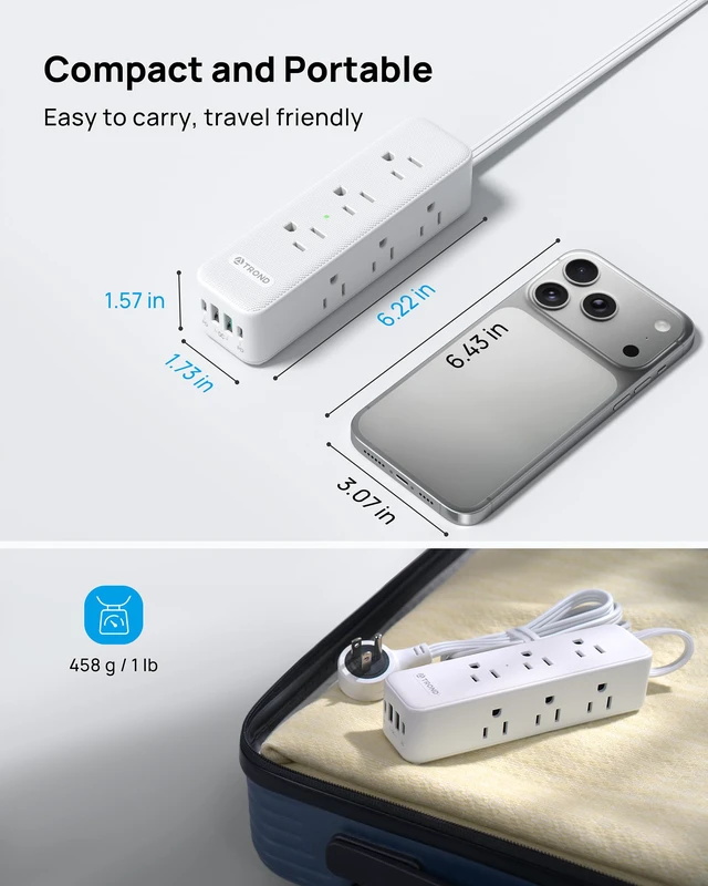 Alt view image 6 of 7 - 360° Rotating Flat Plug Power Strip 10ft with USB PD 20W, 9 AC, White | Flat Extension Cord Surge Protector 1300J, 1625W, Wall Mountable, for Home Office Travel Dorm Room Essentials