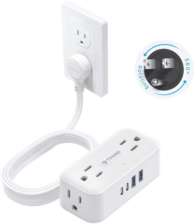 Main image of 360° Rotating Flat Plug Power Strip 10ft, 4 Widely AC Outlets, White | Flat Extension Cord 4 USB Ports (2 USB C), 10A/1250W, Wall Mount, 900J Surge Protector for Office Travel Dorm Room Essentials