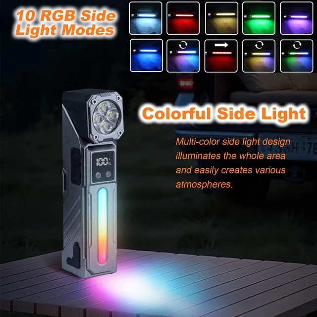 Alt view image 5 of 7 - EDC Rechargeable Flashlight with RGB Light, 90° Rotatable Head, 400 Lumens Portable Handheld Light with Magnetic, Pocket Flash Light for Camping, Hiking, Emergency