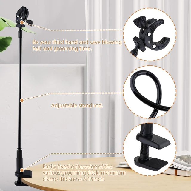 Alt view image 2 of 7 - Dog Hair Dryer Stand, Pet Grooming Table Hair Dryer Holder Hose Tube Holder Hands- Groomers Adjustable Third Arm with Clamp, 360 Degrees Rotatable Hair Dryer Stand for Dog Cat Grooming