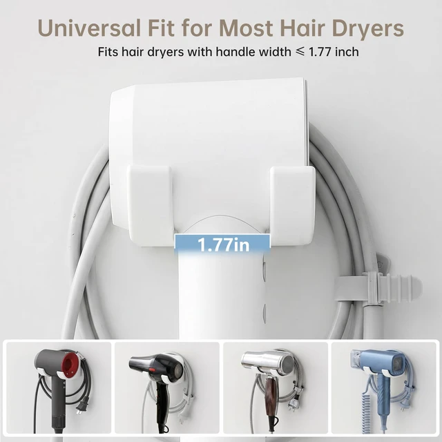 Alt view image 2 of 7 - Hair Dryer Holder Wall Mount with Plug & Cord Organizer for Bathroom | Universal Fit, Hidden Cord, Heavy-Duty Adhesive, Quick Dryer Access, Secure Hold, Space Save, For Bedroom, Vanity & Salon