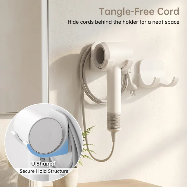 Alt view image 3 of 7 - Hair Dryer Holder Wall Mount with Plug & Cord Organizer for Bathroom | Universal Fit, Hidden Cord, Heavy-Duty Adhesive, Quick Dryer Access, Secure Hold, Space Save, For Bedroom, Vanity & Salon