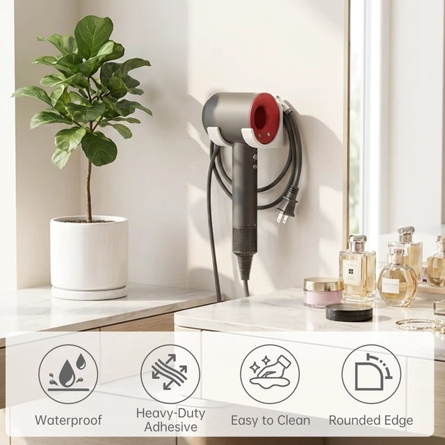 Alt view image 4 of 7 - Hair Dryer Holder Wall Mount with Plug & Cord Organizer for Bathroom | Universal Fit, Hidden Cord, Heavy-Duty Adhesive, Quick Dryer Access, Secure Hold, Space Save, For Bedroom, Vanity & Salon