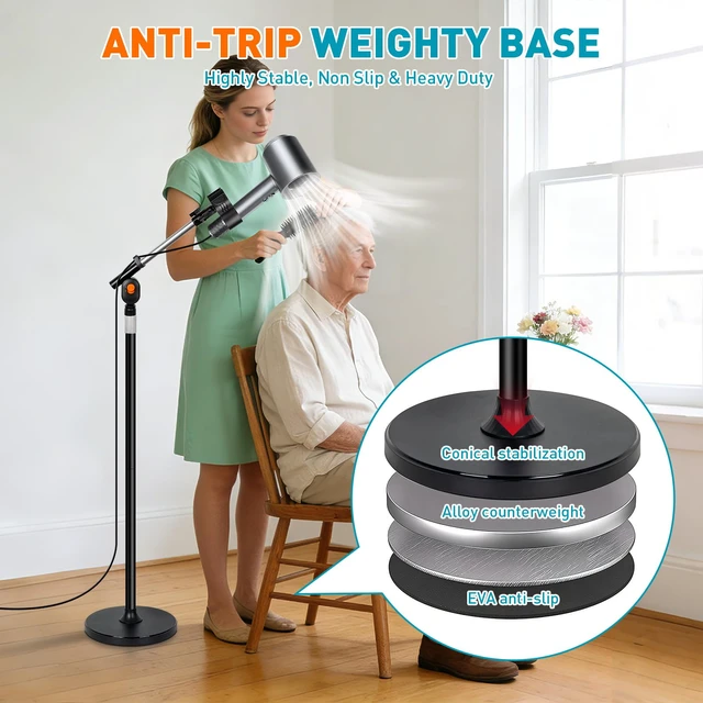 Alt view image 3 of 7 - 23.663" Adjustable Hair Dryer Stand Hands Free with Heavy Base | 360° Rotating Locking Arm, 1.5KG Max Load Blow Dryer Holder Stand with Cable Clip for Bathroom Vanity Home Salon Pet Grooming