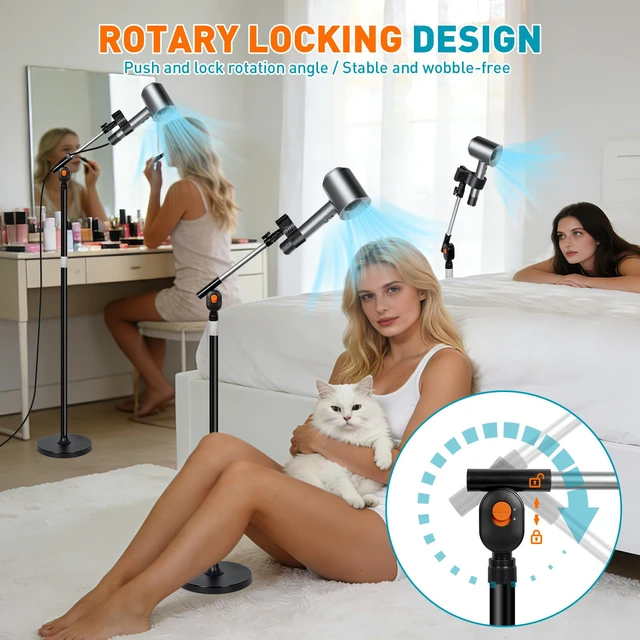 Alt view image 2 of 7 - 23.663" Adjustable Hair Dryer Stand Hands Free with Heavy Base | 360° Rotating Locking Arm, 1.5KG Max Load Blow Dryer Holder Stand with Cable Clip for Bathroom Vanity Home Salon Pet Grooming
