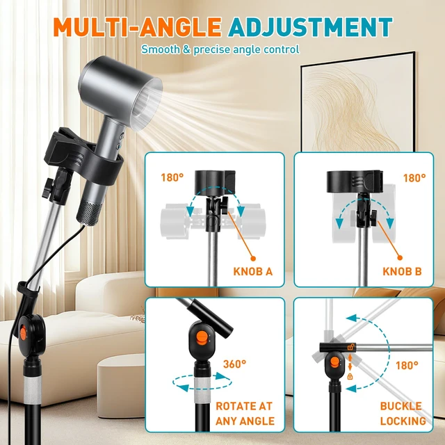 Alt view image 4 of 7 - 23.663" Adjustable Hair Dryer Stand Hands Free with Heavy Base | 360° Rotating Locking Arm, 1.5KG Max Load Blow Dryer Holder Stand with Cable Clip for Bathroom Vanity Home Salon Pet Grooming