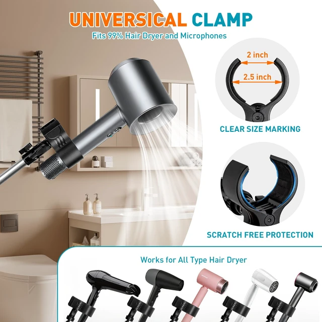 Alt view image 5 of 7 - 23.663" Adjustable Hair Dryer Stand Hands Free with Heavy Base | 360° Rotating Locking Arm, 1.5KG Max Load Blow Dryer Holder Stand with Cable Clip for Bathroom Vanity Home Salon Pet Grooming