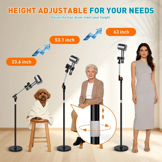 Alt view image 6 of 7 - 23.663" Adjustable Hair Dryer Stand Hands Free with Heavy Base | 360° Rotating Locking Arm, 1.5KG Max Load Blow Dryer Holder Stand with Cable Clip for Bathroom Vanity Home Salon Pet Grooming